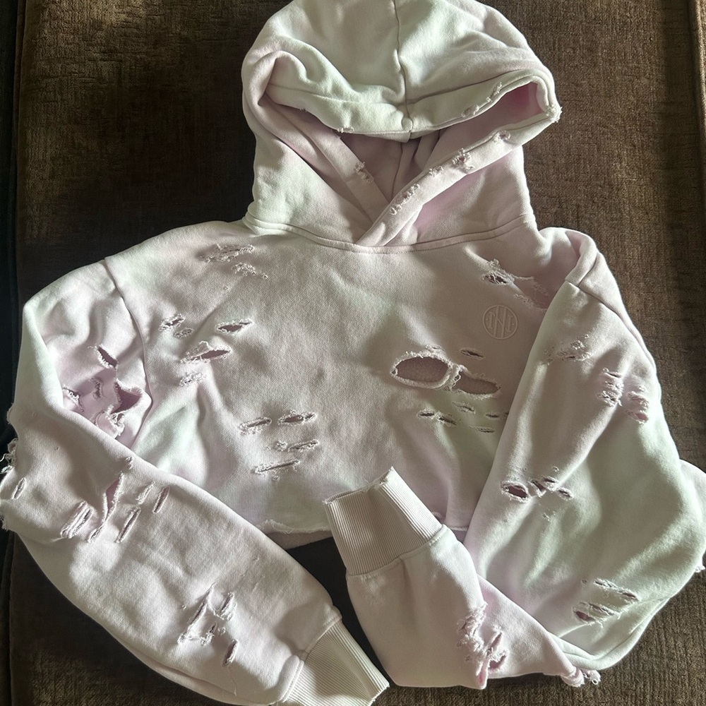 Light Pink Distressed Crop Hoodie